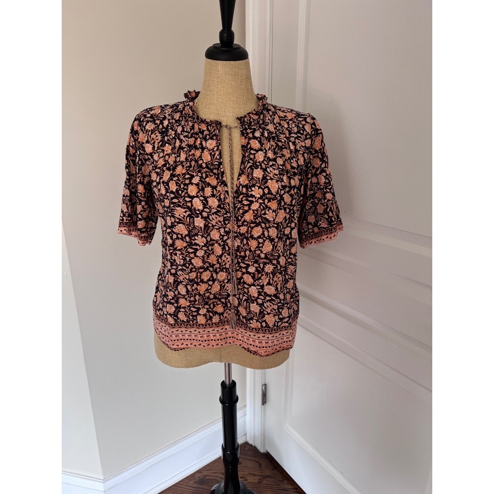 Faherty Floral 100% Organic Cotton Print Blouse Blue Orange Boho Tassel Medium